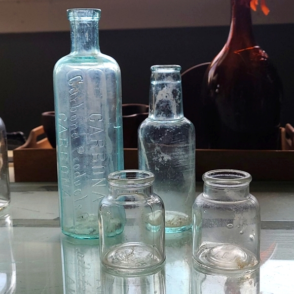 4 Old vintage glass bottles jars vases